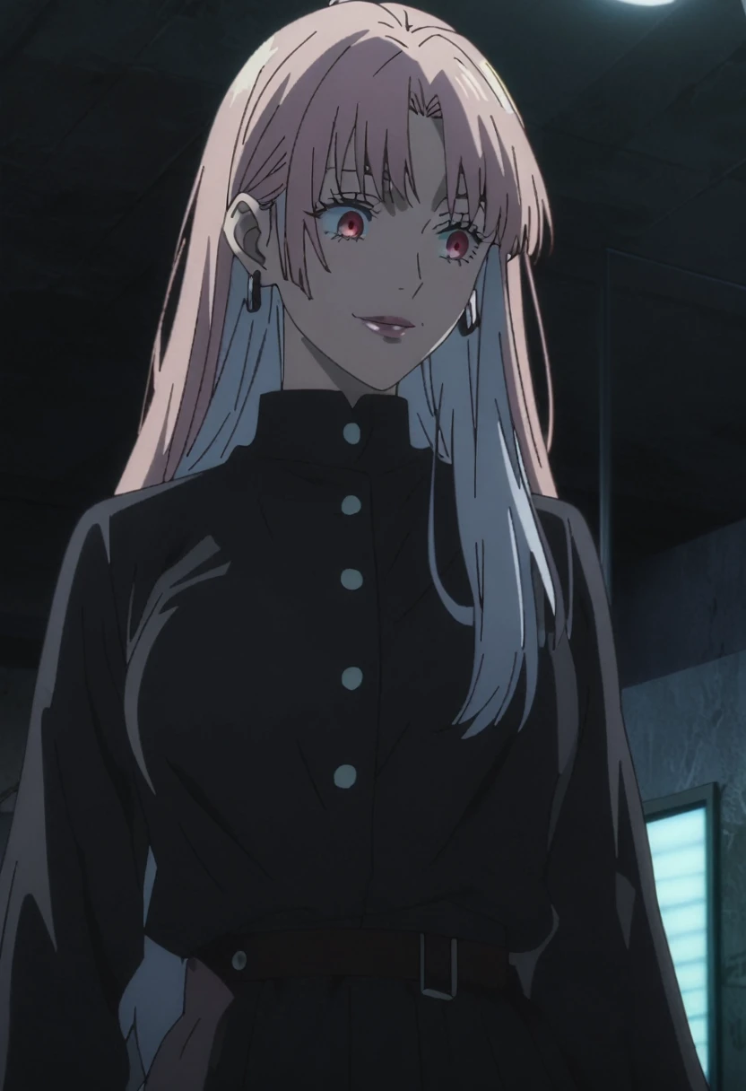1girl, female gojo satoru, anime screencap from jujutsu kaisen, gojo satoru female version, solo, long_hair, Red eyes ((Sliver_hair)), night view, (hanging breasts) upper_body, smile, indoors, book, green_eyes, lips, (parted bangs) ((wearing black colour outfit with button)) breast, "very detailed and high resolution" (Red eyes) (cross arms)  ((long hair)) ((solo)) (front view) (earings) ((high resolution)) ((good quality)) ((side bangs))
