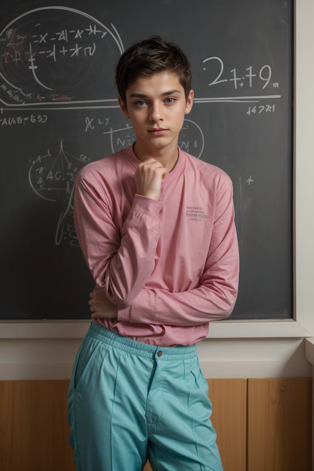 A young, beautiful, cute male twink with a face with makeup and black hair wearing a long-sleeved pink shirt and aqua blue pants. He is a cute, feminine male. He is in his office, and behind him is a blackboard on which is written the shape of the brain, its anatomy, and mathematical equations.