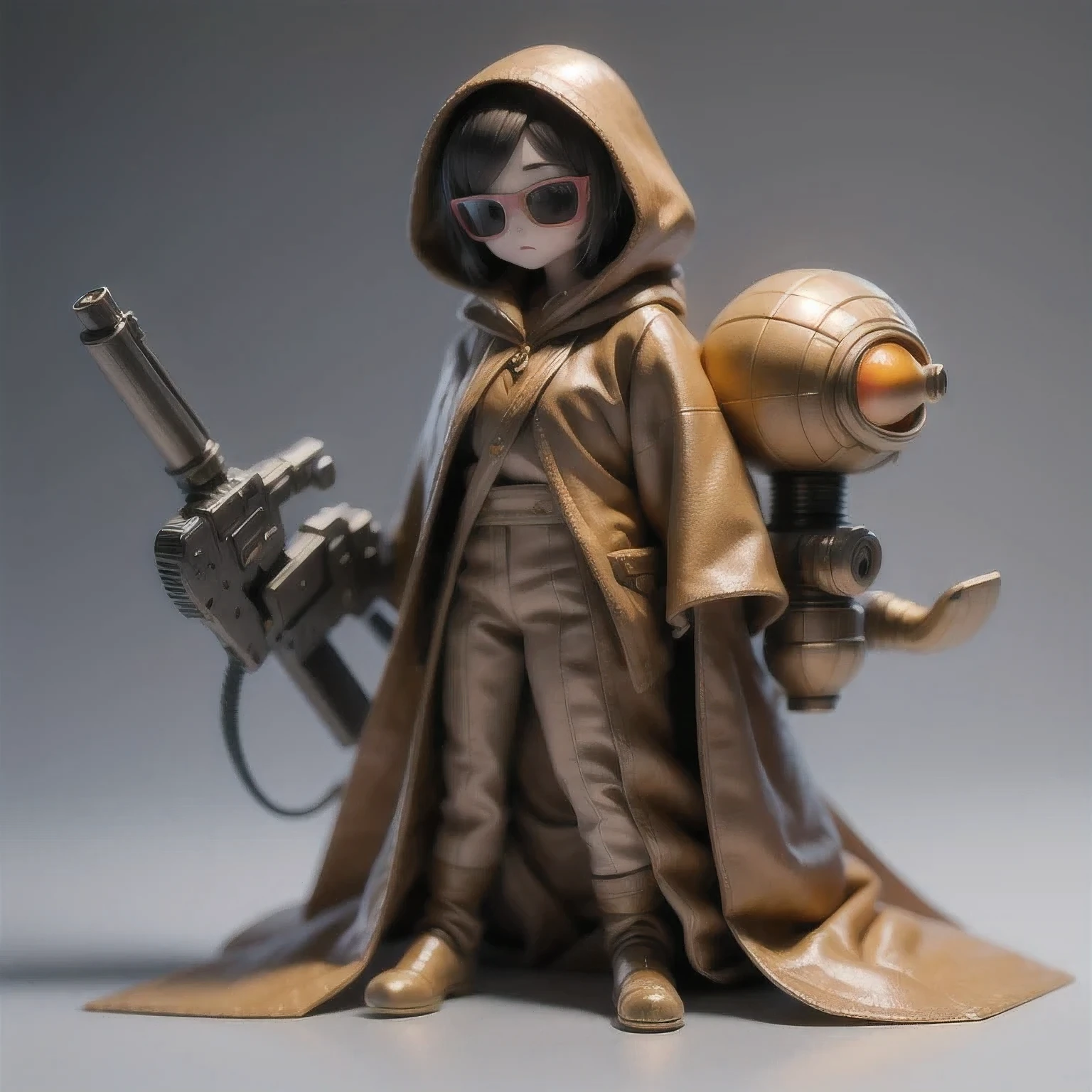 Three-headed body suit copper and gold wire diamond Maya star,Coarse linen cloak rainbow hood platinum silk cyberpunk light crossbow space station 1:900 miniatures,Leather illustration,Side viewing angle,((Side viewing angle)),Wear gold wire-rimmed reflective sunglasses,Carry future weapons,very happy,Side viewing angle,whole body,Stereo,(Nautilus)Octane Rendering,Perfect face,Collagen texture,