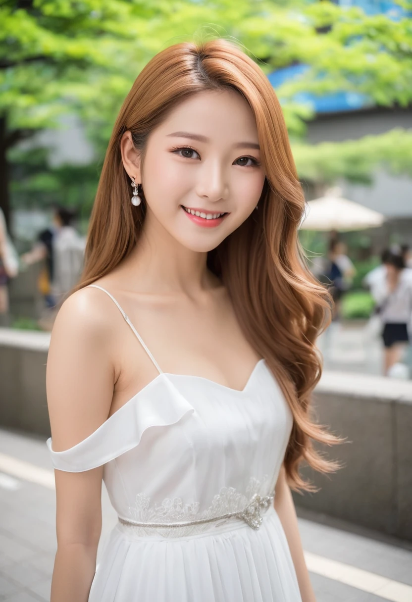 ((Leila、18-year-old))、((Cute white woman))、1 person、(Thin contours:1.3)、(Grey Eyes:2.0)、(Realistic bust size 90cm:1.3)、(Narrow waist)、(White and translucent skin)、(Natural light blonde medium long hair:1.3)8-head-tall model style、Long dress、Waist-down angle、Inside the city of Tokyo、smile