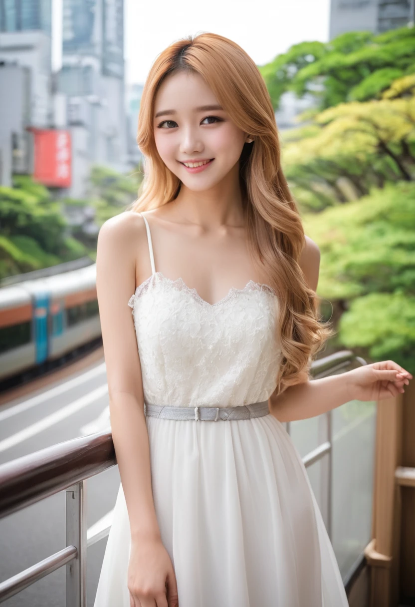 ((Leila、18-year-old))、((Cute white woman))、1 person、(Thin contours:1.3)、(Grey Eyes:2.0)、(Realistic bust size 90cm:1.3)、(Narrow waist)、(White and translucent skin)、(Natural light blonde medium long hair:1.3)8-head-tall model style、Long dress、Waist-down angle、Inside the city of Tokyo、smile