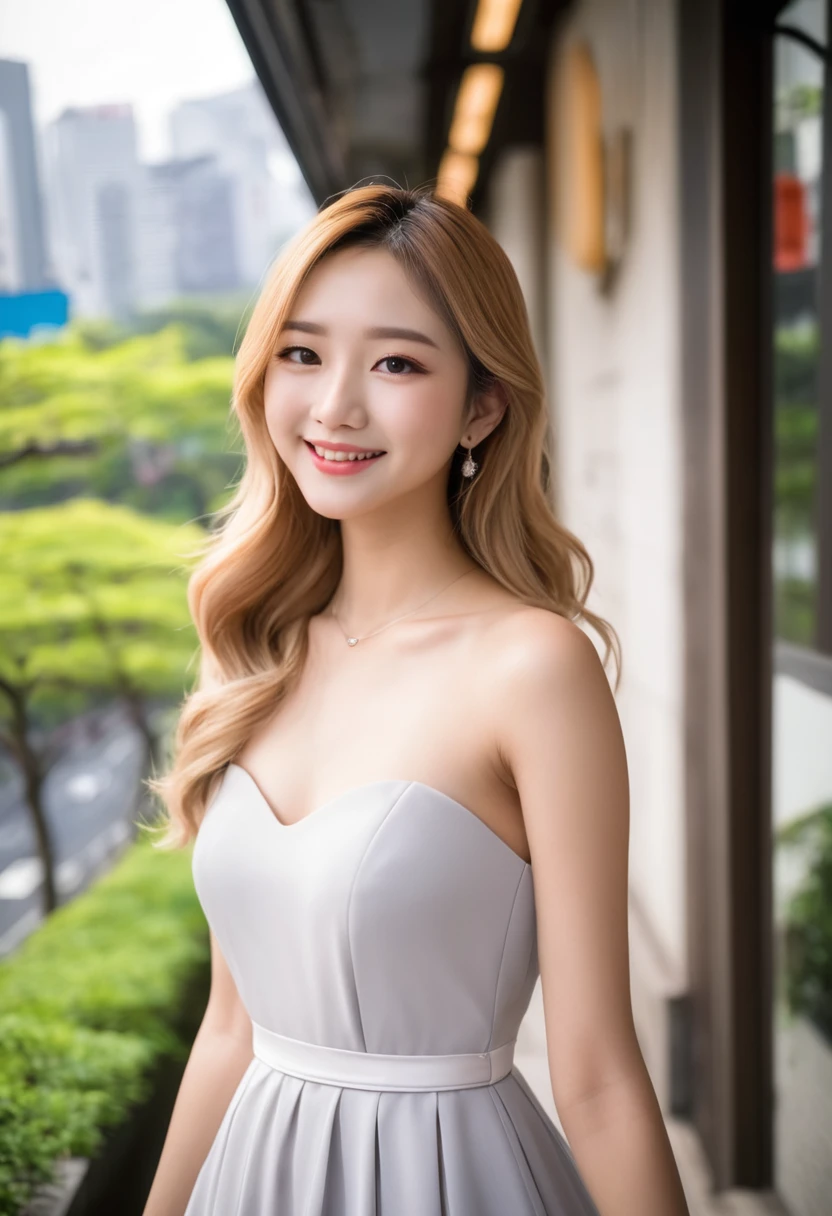 （（Leila、18-year-old））、（（Cute white woman））、1 person、（Thin contours:1.3）、（Grey Eyes:2.0）、（Realistic bust size 90cm:1.3）、（Narrow waist）、（White and translucent skin）、（Natural light blonde medium long hair:1.3）8-head-tall model style、Long dress、Waist-down angle、Inside the city of Tokyo、smile