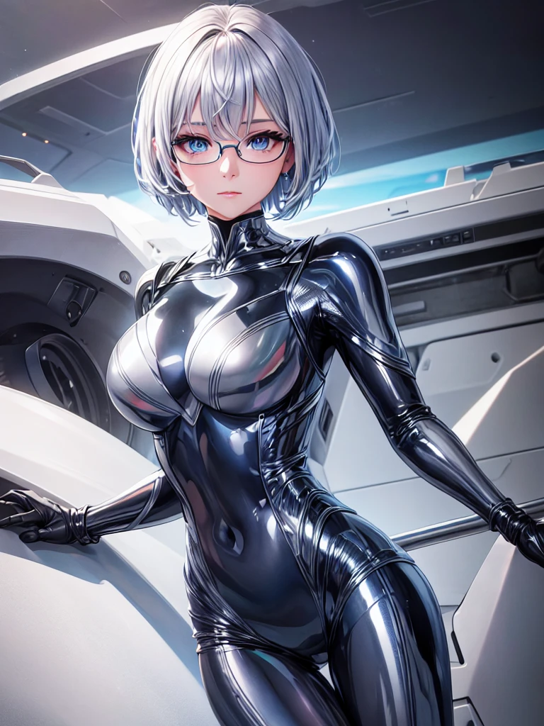 Highest quality 8K UHD、Mastepiece、Close-up、short hair、Blue Eyes、Open legs、Silver Hair、Glasses、A beautiful woman wearing a sleek silver metallic suit、Full body silver metallic rubber suit