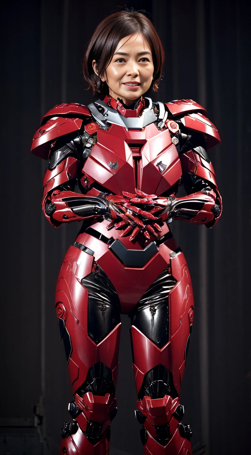 Female Iron Man(Red and Black)、Gloss、Shortcuts、Rough skin, Very detailed, Advanced Details, high quality, 最high quality, High resolution, 1080P, hard disk, beautiful,(Gundam),beautifulサイボーグの女性,Mecha Cyborg Middle-aged Woman,Battle Mode,Woman with a mechanical body,、Expression of bitterness、Sweaty face、、Squint your eyes、、Humidity、Plump figure、Steam coming out of the head、Spread your legs、Embarrassed face、Open your mouth、Hold your face　Black-haired　Short Hair　Glasses　Japanese middle-aged women　bare hands