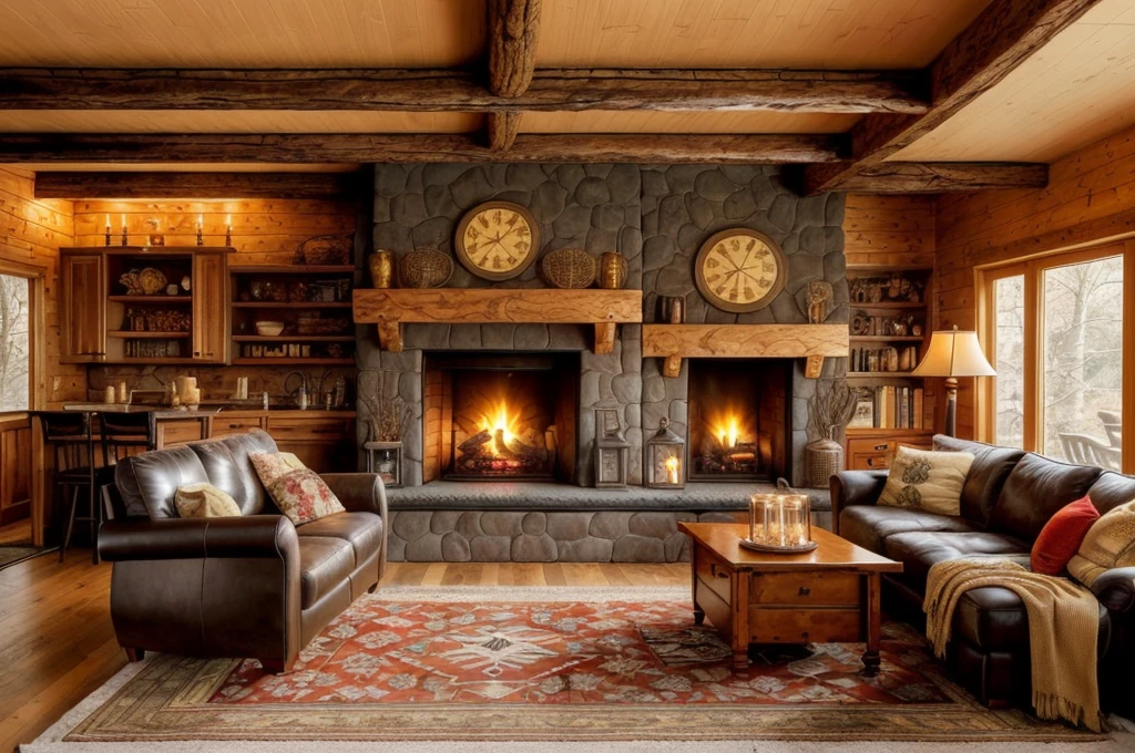 arafed living room with a fireplace and couches and a rug, cozy living room interior, warm interior, cozy living room background, warm beautiful scene, cozy home background, warm living room, cozy environment, cosy atmoshpere, warm fireplace, cozy living room, cozy place, cozy setting, photo of a beautiful, dramatic warm morning light, luxurious wooden cottage