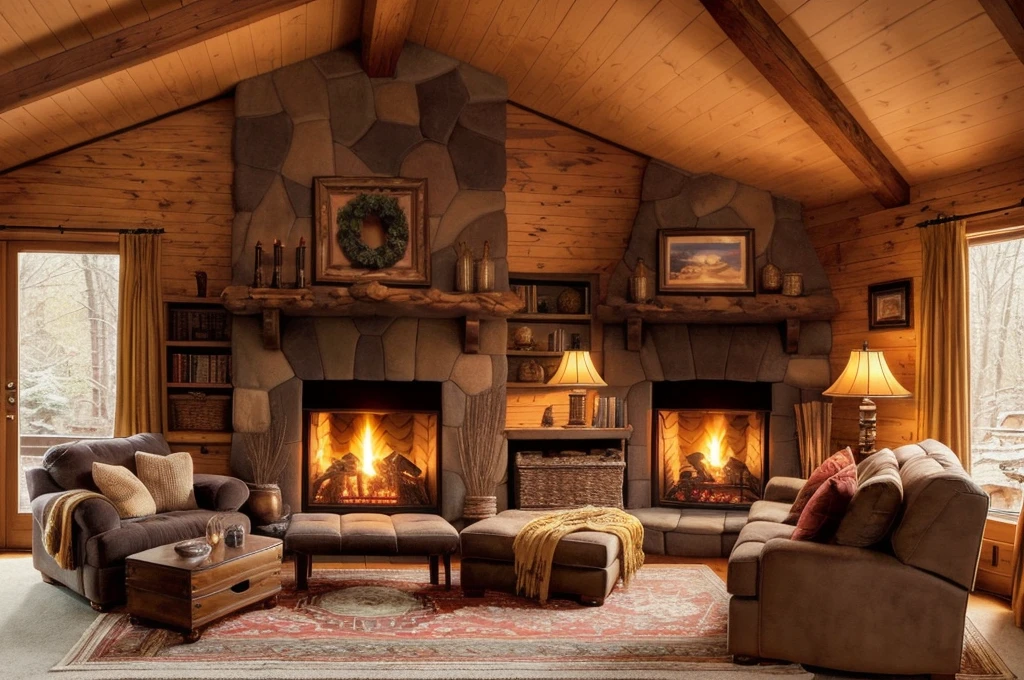 arafed living room with a fireplace and couches and a rug, cozy living room interior, warm interior, cozy living room background, warm beautiful scene, cozy home background, warm living room, cozy environment, cosy atmoshpere, warm fireplace, cozy living room, cozy place, cozy setting, photo of a beautiful, dramatic warm morning light, luxurious wooden cottage