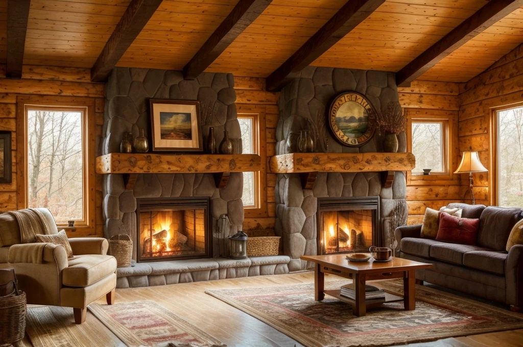 arafed living room with a fireplace and couches and a rug, cozy living room interior, warm interior, cozy living room background, warm beautiful scene, cozy home background, warm living room, cozy environment, cosy atmoshpere, warm fireplace, cozy living room, cozy place, cozy setting, photo of a beautiful, dramatic warm morning light, luxurious wooden cottage