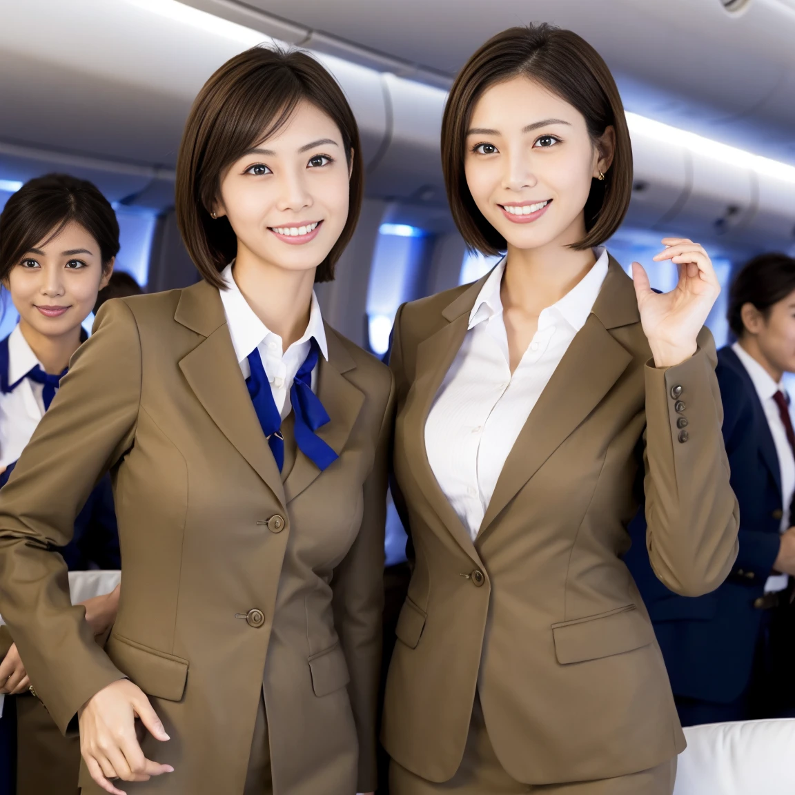 ((Highest quality, 8K, masterpiece: 1.3)), Sharp focus: 1.2, Perfect Style, Cute Smile, Beautiful two sisters, (The same stewardess uniform), Waistline, Beautiful feet, Firm Skin, Highly detailed face and skin texture, Fine grain, double eyelid, Pale Cheeks, Healthy Skin, (Layered Hairstyles, Dark brown hair), ((Disheveled clothes and hair: 1.2)), (Flight attendant uniform: 1.2), (Slender body), (Natural Breasts:0.6, Cleavage:0.5), (On a very crowded plane)), From below, ((Happy expression)), (Seductive appearance: 1.2), Matsushima Nanako