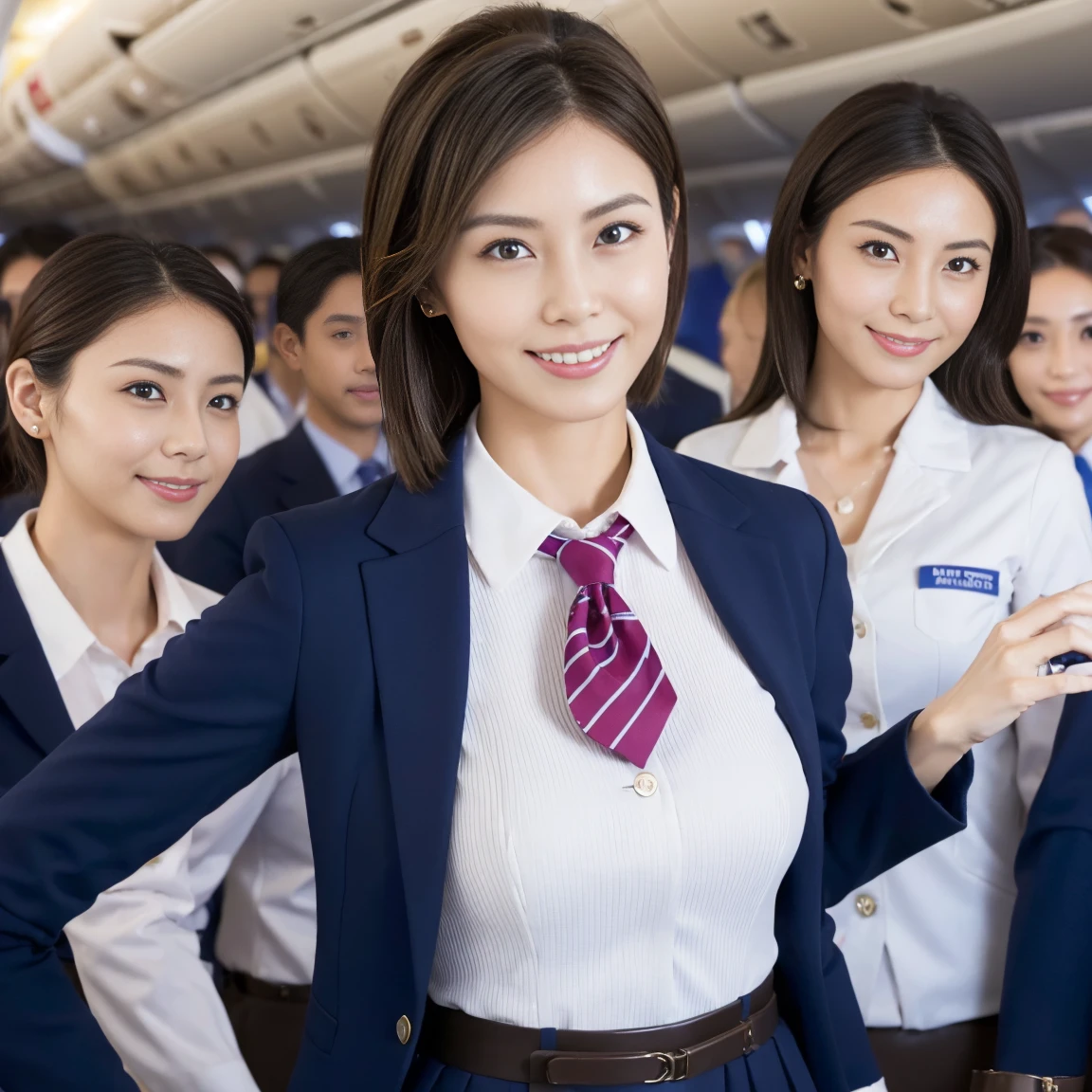 ((Highest quality, 8K, masterpiece: 1.3)), Sharp focus: 1.2, Perfect Style, Cute Smile, Beautiful two sisters, (The same stewardess uniform), Waistline, Beautiful feet, Firm Skin, Highly detailed face and skin texture, Fine grain, double eyelid, Pale Cheeks, Healthy Skin, (Layered Hairstyles, Dark brown hair), ((Disheveled clothes and hair: 1.2)), (Flight attendant uniform: 1.2), (Slender body), (Natural Breasts:0.6, Cleavage:0.5), (On a very crowded plane)), From below, ((Happy expression)), (Seductive appearance: 1.2), Matsushima Nanako