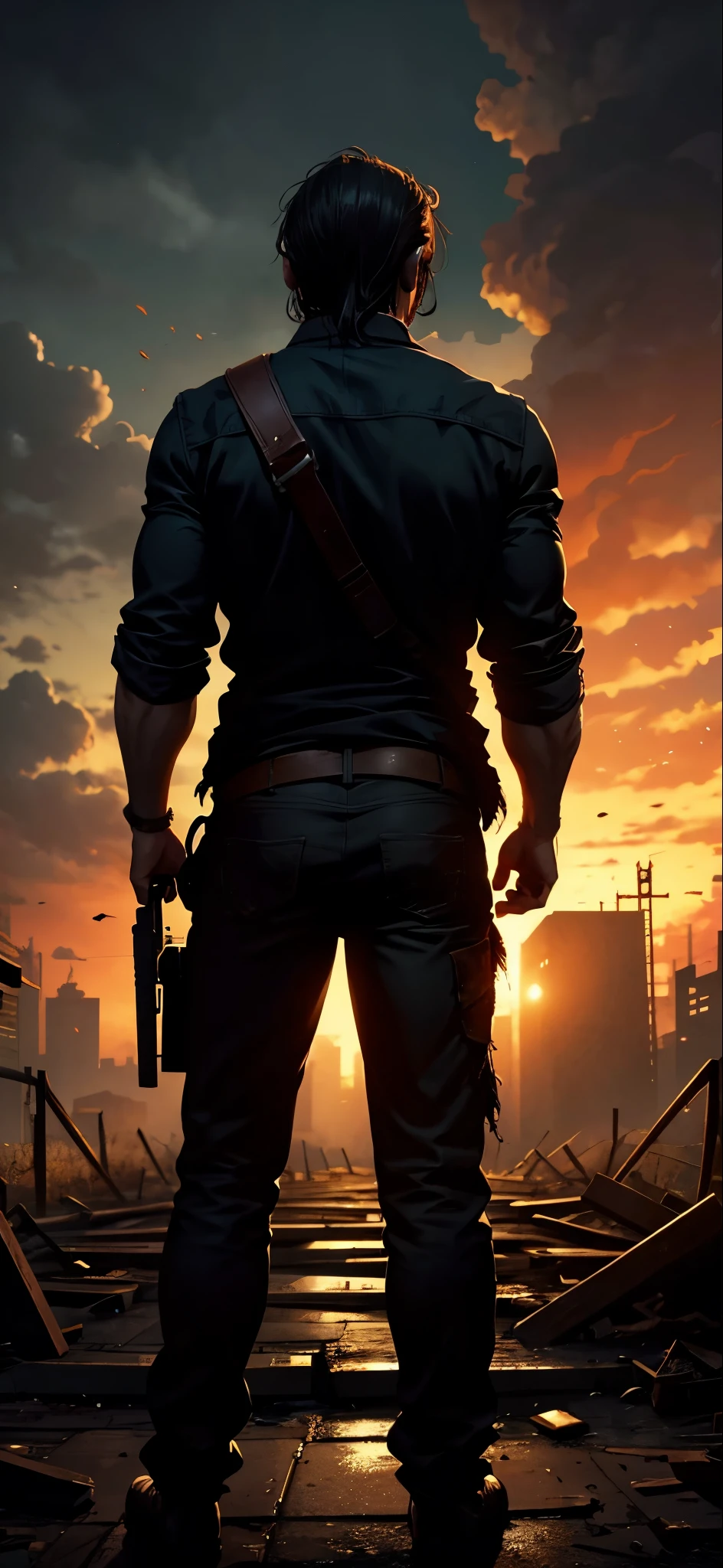 A back view of a man facing a devastated zombie world
