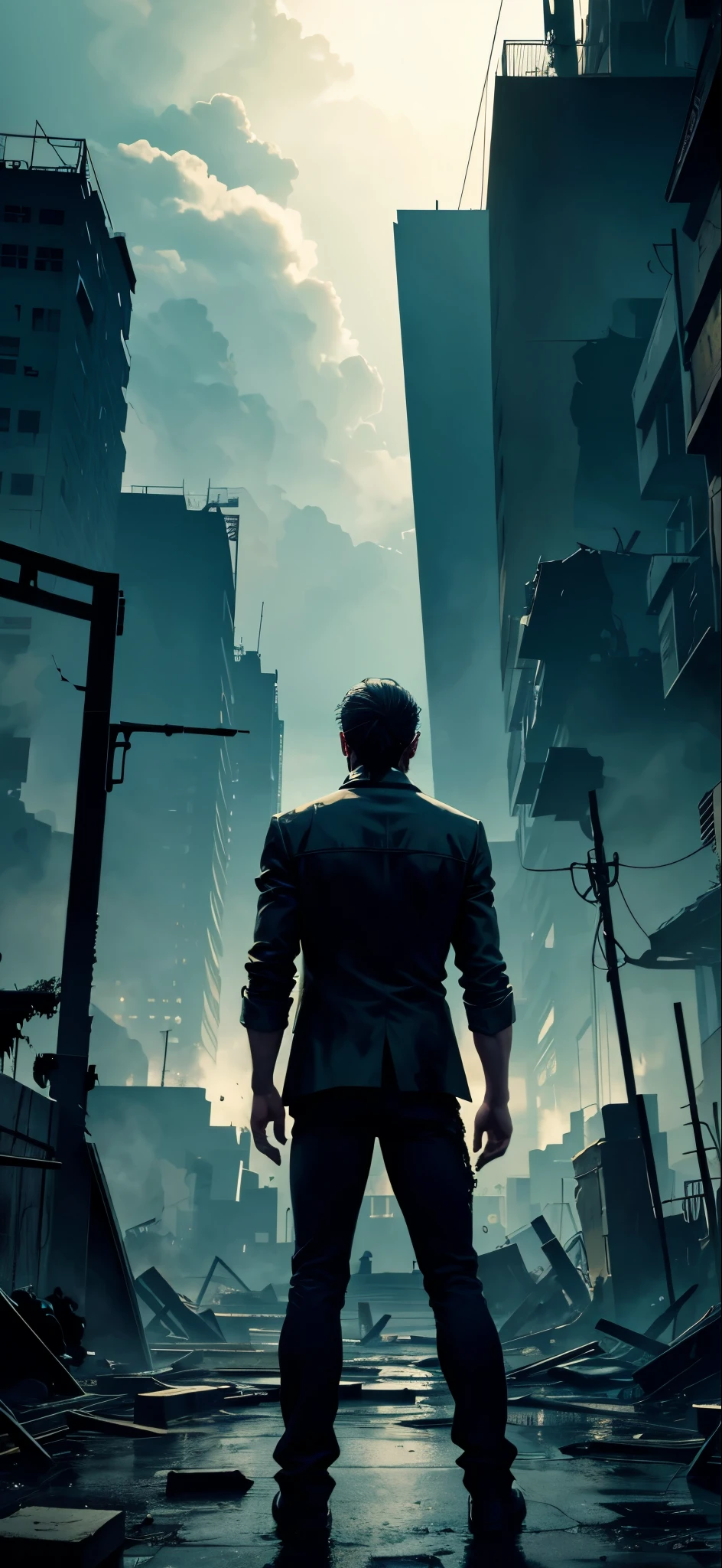 A back view of a man facing a devastated zombie world