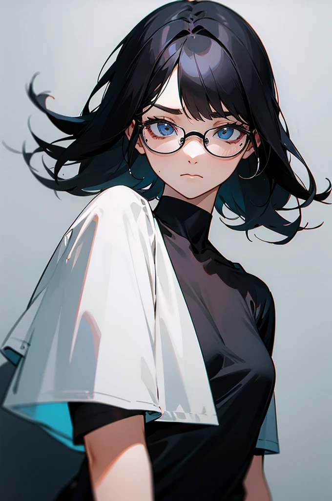 woman、Black-haired、Three-stranded、A calm face、Wear glasses、Black T-shirt、Black choker around the neck