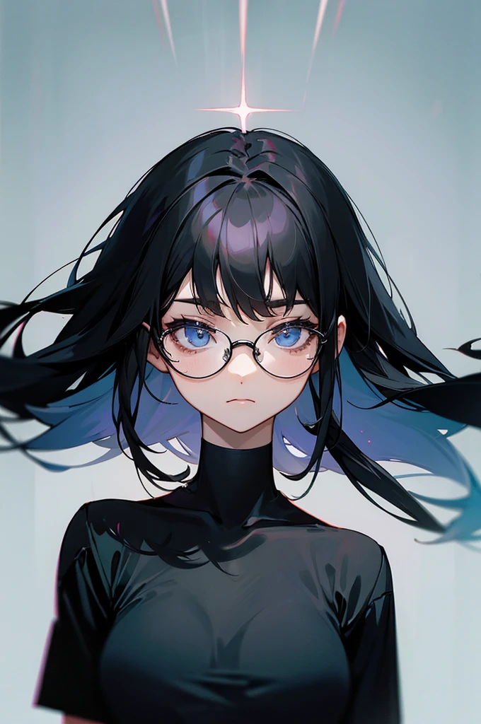 woman、Black-haired、Three-stranded、A calm face、Wear glasses、Black T-shirt、Black choker around the neck
