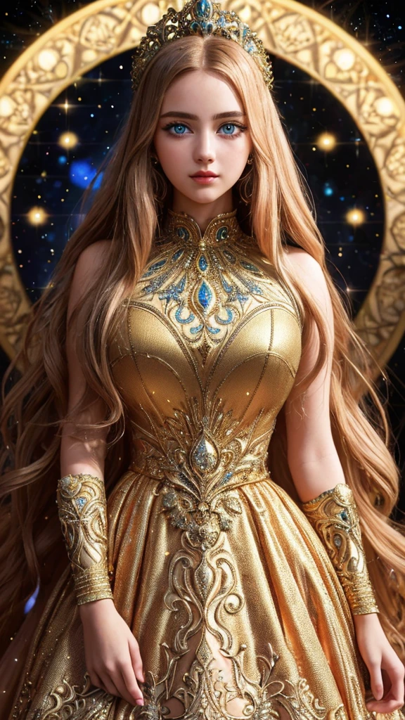 Masterpiece, teenage girl, light orange long hair, gorgeous face, azure eyes, highly detailed eyes, emphasizing the face, beautiful and gorgeous golden gown, bizarre, awe-inspiring, detailed geometric patterns. Intricate details, looking at the viewer, many complex bright and dark cosmic backgrounds, details in the fifth dimension. Perfect proportions, 30k, exquisite clothing details, high detail, perfect lighting, cinematic lighting, sharp focus.