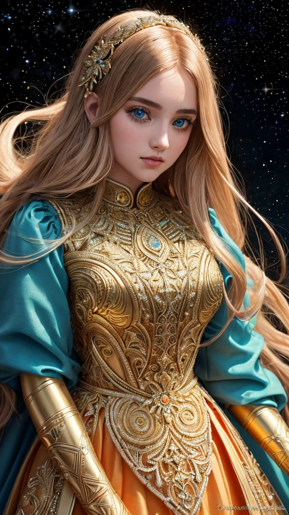 Masterpiece, age girl, light orange long hair, gorgeous face, azure eyes, highly detailed eyes, emphasizing the face, beautiful and gorgeous golden gown, bizarre, awe-inspiring, detailed geometric patterns. Intricate details, looking at the viewer, many complex bright and dark cosmic backgrounds, details in the fifth dimension. Perfect proportions, 30k, exquisite clothing details, high detail, perfect lighting, cinematic lighting, sharp focus.
