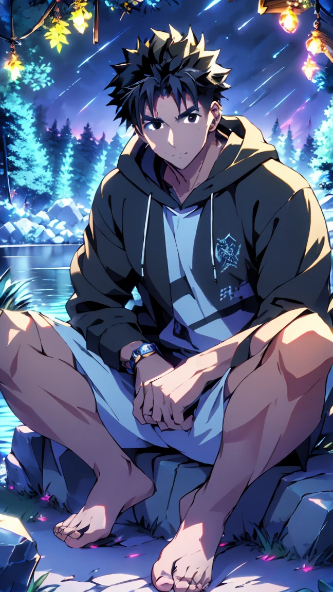 ((Highest quality)), ((masterpiece)), (detailed), Highest quality、High resolution、8K、A plain black hoodie、One adult male、33 years old、Sharp black eyes、Slightly permed black hair、Japanese anime-like style、超High resolutionかわいい萌えアニメ8k、handsome face manly、Slender and muscular、barefoot、sitting on a stone、Spread your legs、night、Forest landscape、lake、darkness、Surrounded by lots of fireflieoonlight