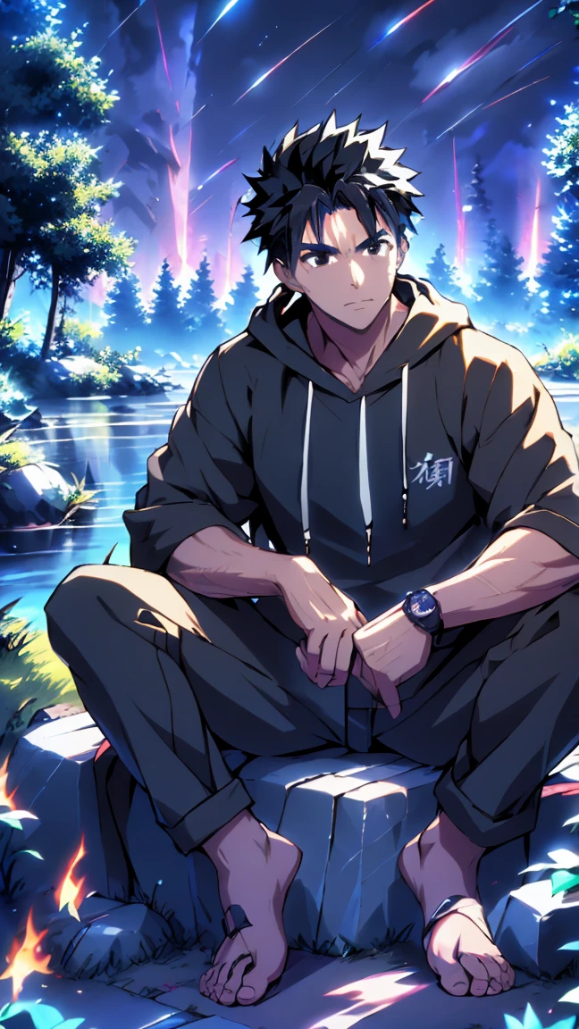 ((Highest quality)), ((masterpiece)), (detailed), Highest quality、High resolution、８K、A plain black hoodie、One adult male、33 years old、Sharp black eyes、Slightly permed black hair、Japanese anime-like style、超High resolutionかわいい萌えアニメ8k、handsome face manly、Slender and muscular、barefoot、sitting on a stone、Spread your legs、night、Forest landscape、lake、darkness、Surrounded by lots of fireflieoonlight