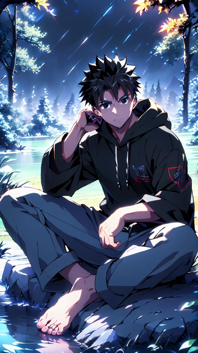 ((Highest quality)), ((masterpiece)), (detailed), Highest quality、High resolution、８K、A plain black hoodie、One adult male、33 years old、Sharp black eyes、Slightly permed black hair、Japanese anime-like style、超High resolutionかわいい萌えアニメ8k、handsome face manly、Slender and muscular、barefoot、sitting on a stone、Spread your legs、night、Forest landscape、lake、darkness、Surrounded by lots of fireflieoonlight