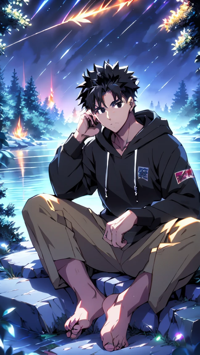 ((Highest quality)), ((masterpiece)), (detailed), Highest quality、High resolution、８K、A plain black hoodie、One adult male、33 years old、Sharp black eyes、Slightly permed black hair、Japanese anime-like style、超High resolutionかわいい萌えアニメ8k、handsome face manly、Slender and muscular、barefoot、sitting on a stone、Spread your legs、night、Forest landscape、lake、darkness、Surrounded by lots of fireflieoonlight