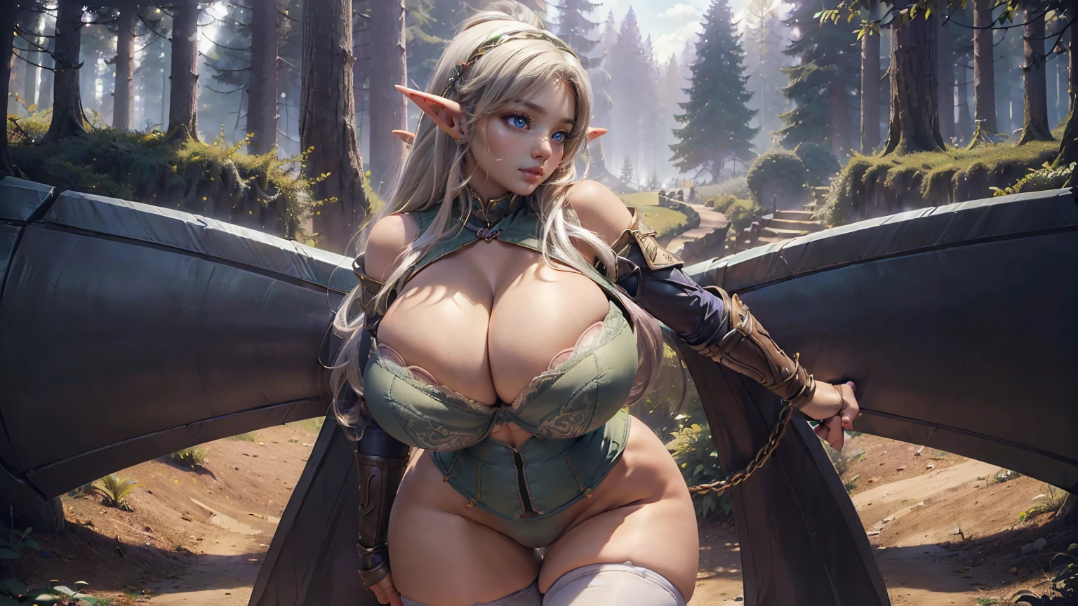 POV: ((((elf girl, Super huge enormously gigantic tits, cleavage showing)))) platinum white hair, leather corset battle armor thigh high boots with lots of straps buckles and zippers, skinny, slim thick, small waist, 8k, UHD, (accentuated super huge enormously gigantic tits, spreading her legs open, arching her back in a sexy seductive slutty pose), enchanted forest background (masterpiece:1.2), (best quality), (ultra detailed), (8k, 4k, intricate),(half body:1.2),(cowboy:1.2),(highly detailed:1.2),(detailed face:1.2), (detailed background),(portrait),detailed landscape,(dynamic pose:1.2), 1girl, solo,  (((full body))) , (((sexy pose, model pose, standing pose)))((Huge hips:1.5)) (Gigantic Sagging Breasts:1.5)(tight stockings:1.9)((ndersized bra:1.3)(white panties:1.2 )(view from back:1.3)