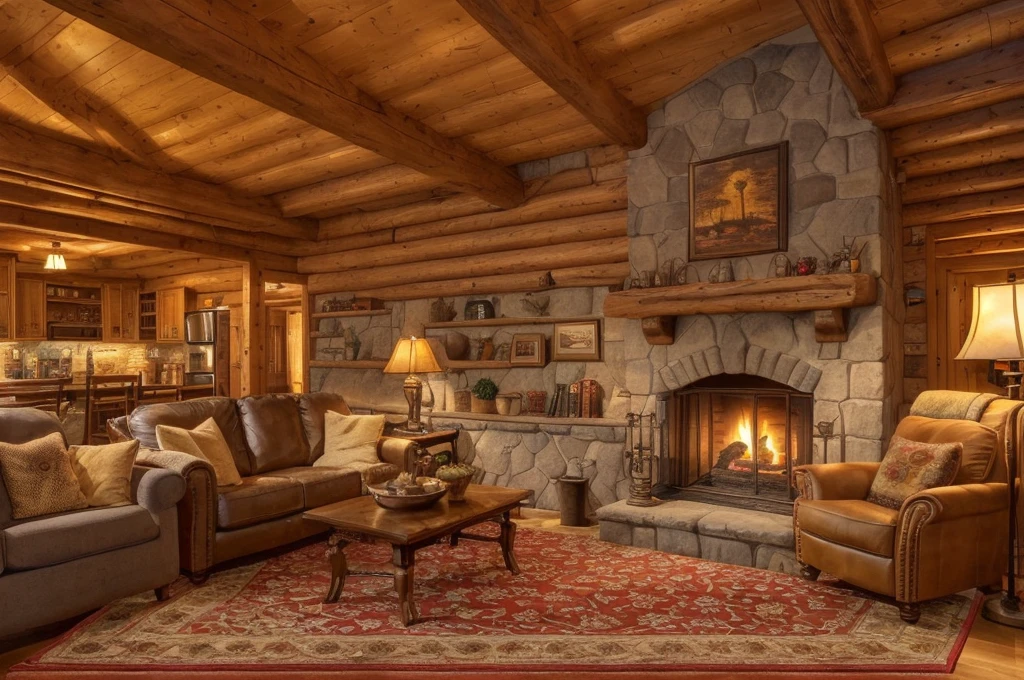 arafed living room with a fireplace and couches and a rug, cozy living room interior, warm interior, cozy living room background, warm beautiful scene, cozy home background, warm living room, cozy environment, cosy atmoshpere, warm fireplace, cozy living room, cozy place, cozy setting, photo of a beautiful, dramatic warm morning light, luxurious wooden cottage