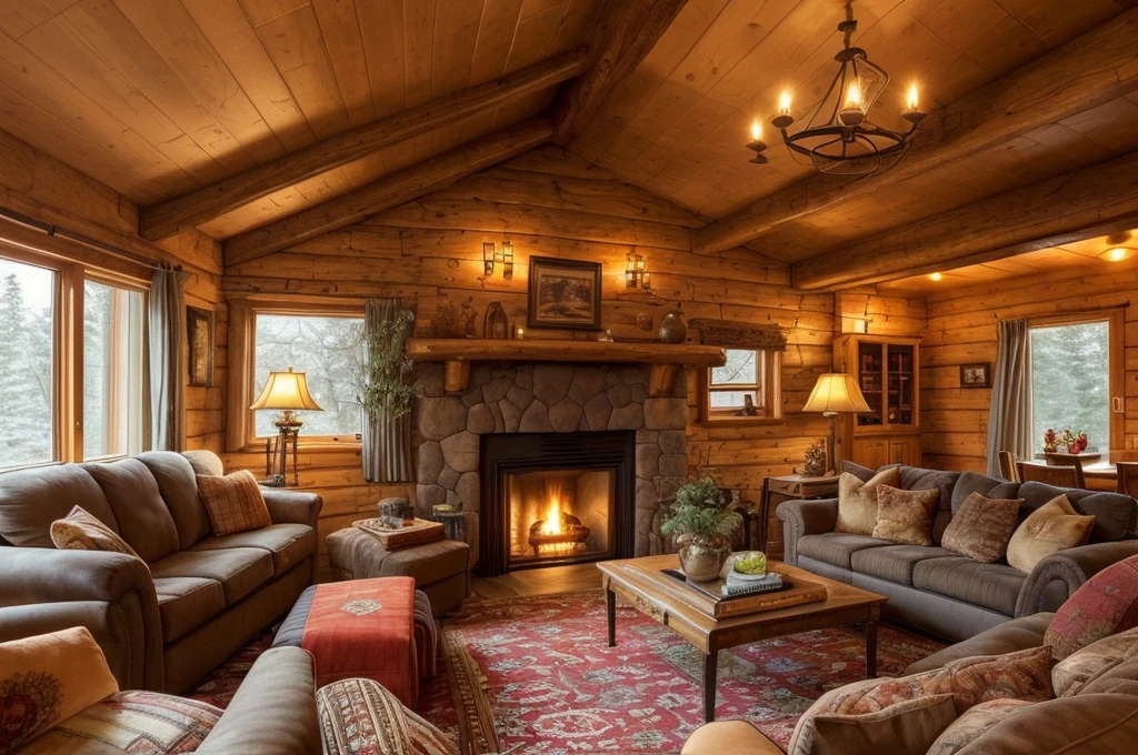 arafed living room with a fireplace and couches and a rug, cozy living room interior, warm interior, cozy living room background, warm beautiful scene, cozy home background, warm living room, cozy environment, cosy atmoshpere, warm fireplace, cozy living room, cozy place, cozy setting, photo of a beautiful, dramatic warm morning light, luxurious wooden cottage