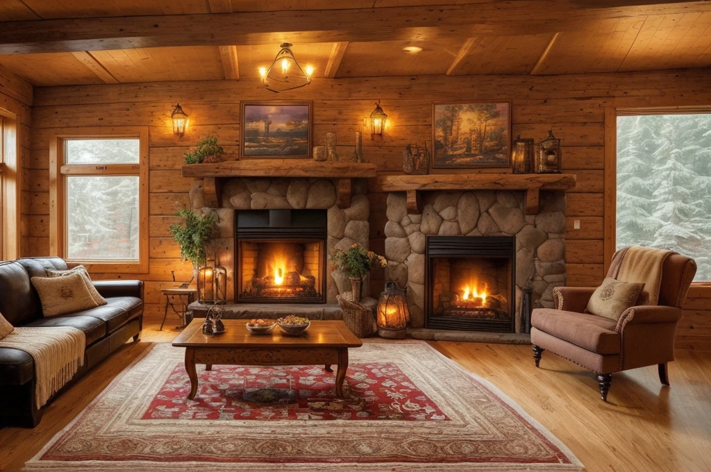 arafed living room with a fireplace and couches and a rug, cozy living room interior, warm interior, cozy living room background, warm beautiful scene, cozy home background, warm living room, cozy environment, cosy atmoshpere, warm fireplace, cozy living room, cozy place, cozy setting, photo of a beautiful, dramatic warm morning light, luxurious wooden cottage