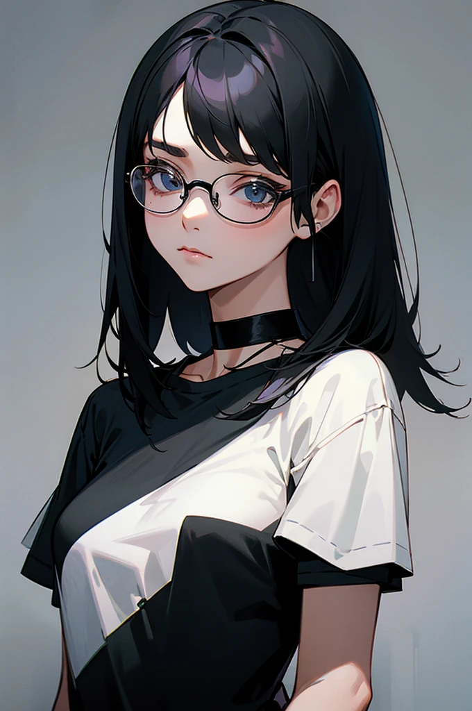 woman、Black-haired、Three-stranded、A calm face、Wear glasses、Black T-shirt、Black choker around the neck