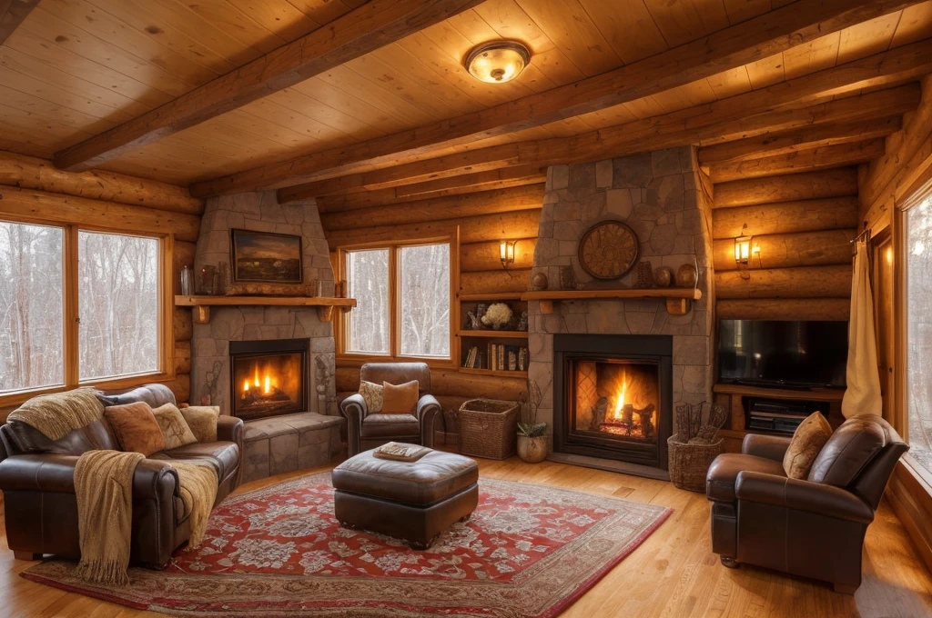 arafed living room with a fireplace and couches and a rug, cozy living room interior, warm interior, cozy living room background, warm beautiful scene, cozy home background, warm living room, cozy environment, cosy atmoshpere, warm fireplace, cozy living room, cozy place, cozy setting, photo of a beautiful, dramatic warm morning light, luxurious wooden cottage