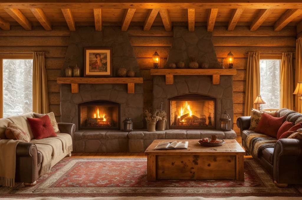 arafed living room with a fireplace and couches and a rug, cozy living room interior, warm interior, cozy living room background, warm beautiful scene, cozy home background, warm living room, cozy environment, cosy atmoshpere, warm fireplace, cozy living room, cozy place, cozy setting, photo of a beautiful, dramatic warm morning light, luxurious wooden cottage