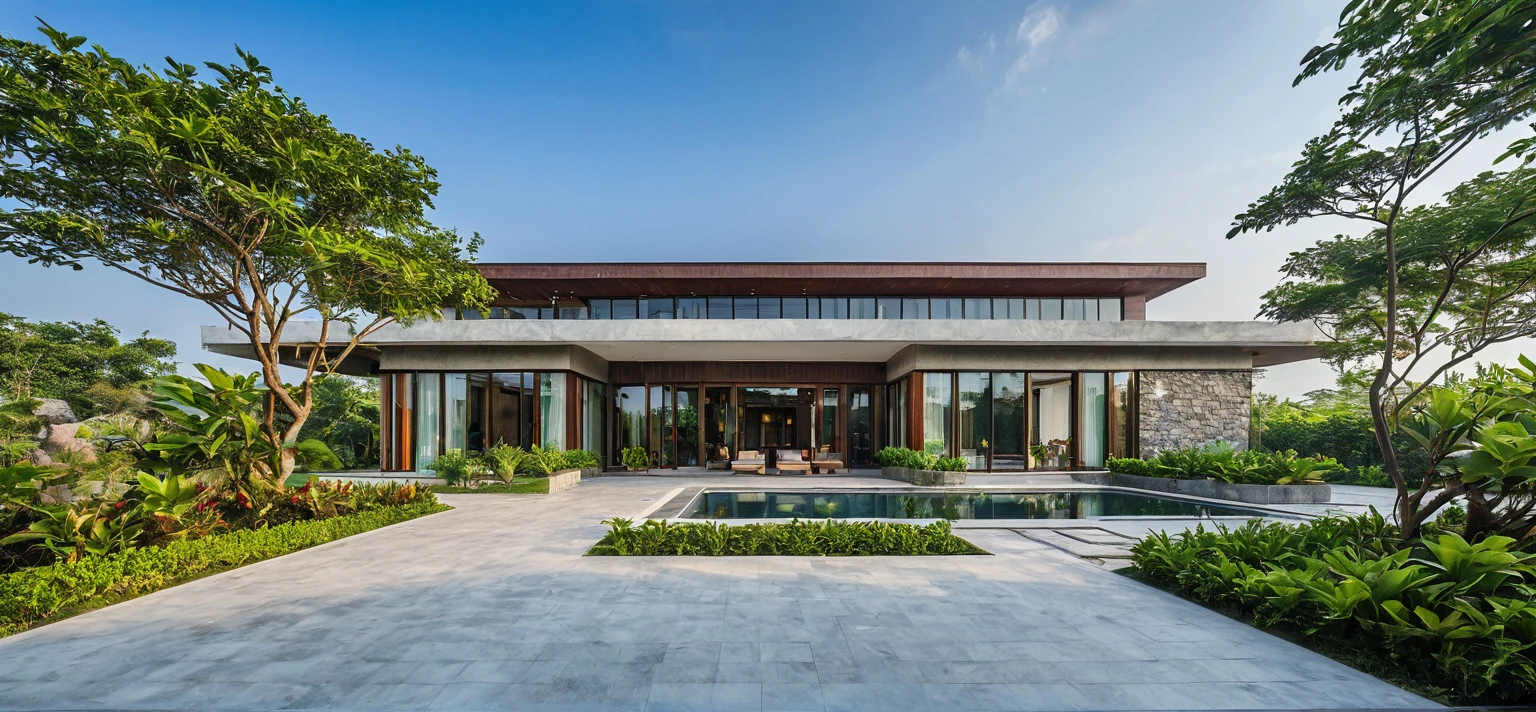 qlcd,tingyuan, photo of tropical style villa, grassland, garden, shrubs and trees, rock decoration, clear sky, sun light, realistic photo