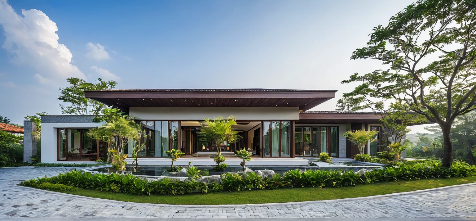 qlcd,tingyuan, photo of tropical style villa, grassland, garden, shrubs and trees, rock decoration, clear sky, sun light, realistic photo