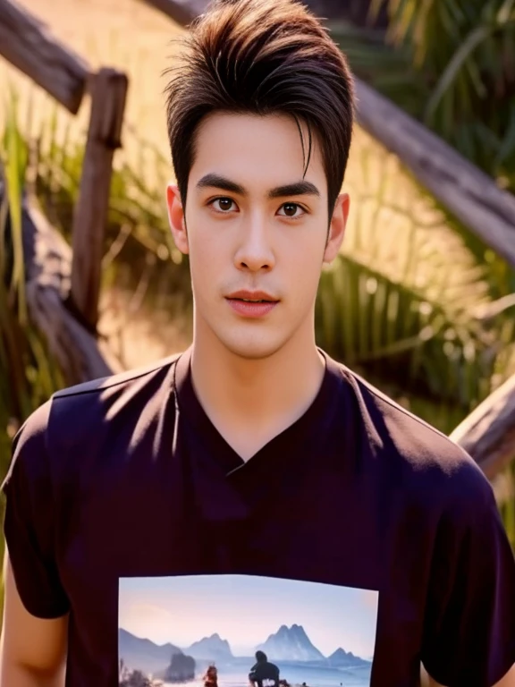 An Araf man stands on the beach with the sunset in the background., portait photo Profile pictureture, Profile picture, Wide facial cleanser, cute young man, headshot Profile pictureture, handsome man, Handsome and charming, Very charming and beautiful, Close-up of a Southeast Asian man with a round face., black eyes, staring at the viewer, morning sun, ((face details)), Double eyelids, realistic, Masterpiece, Highest quality, lens flare, shade, [[Chromatic aberration, digital painting, 8K, 45,000,000,000 pixels,, t-shirt, short hair, black eyes,abdominal muscles, The body is beautiful and strong., Curvy chest, (digital painting, HDR, high contrast