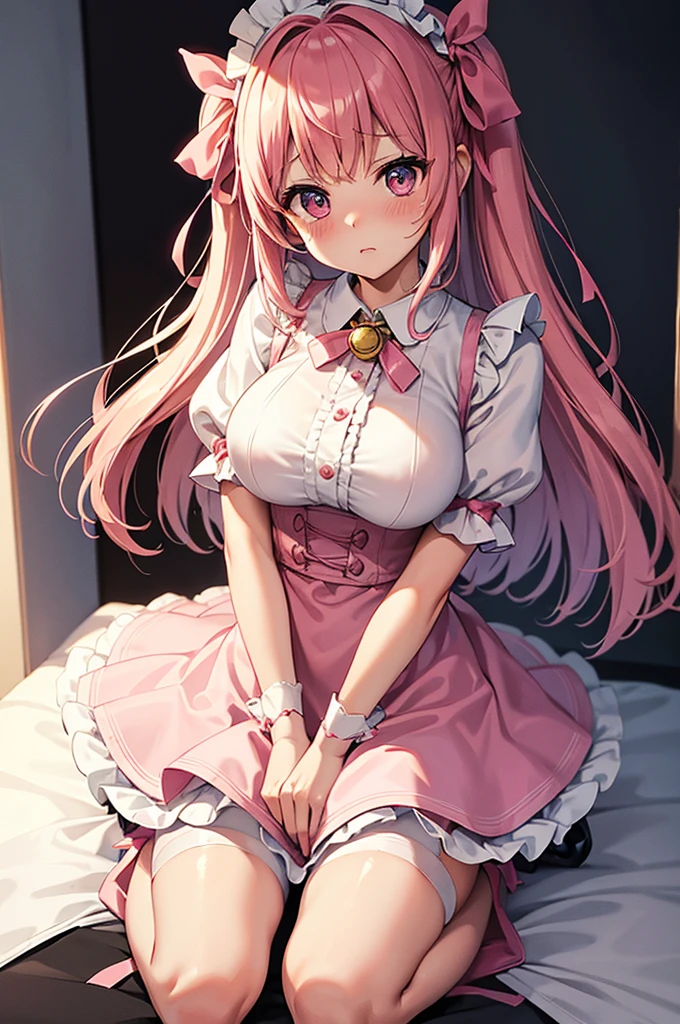 Highest quality、Shiny silk short sleeve puff sleeve pink maid outfit、See-through、Micro Mini Skirt、too short flared skirt、Giant ribbon knot、Round collar、bell、garter belt、Pink high heels with ribbon、Katyusha with ribbon、Flushed Cheeks、Embarrassed look、Big Breasts、White underwear、Tucked up、Looking up from below、Soaking wet、Handstand