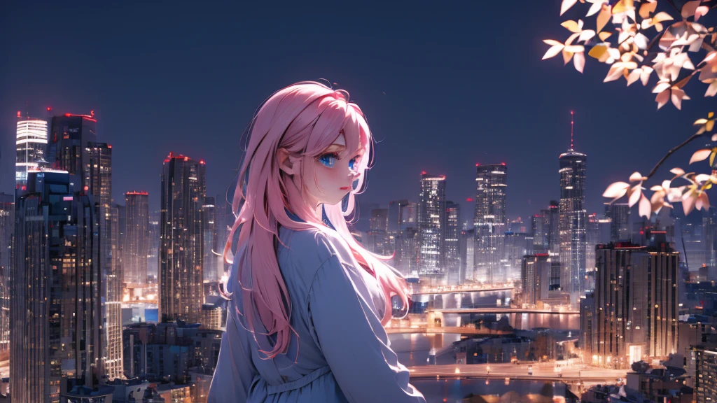 1 girl, medium light pink hair, light blue eyes, wearing Black suit, night city, absurdres, high res, ultrasharp, 8K, masterpiece, looking from behind