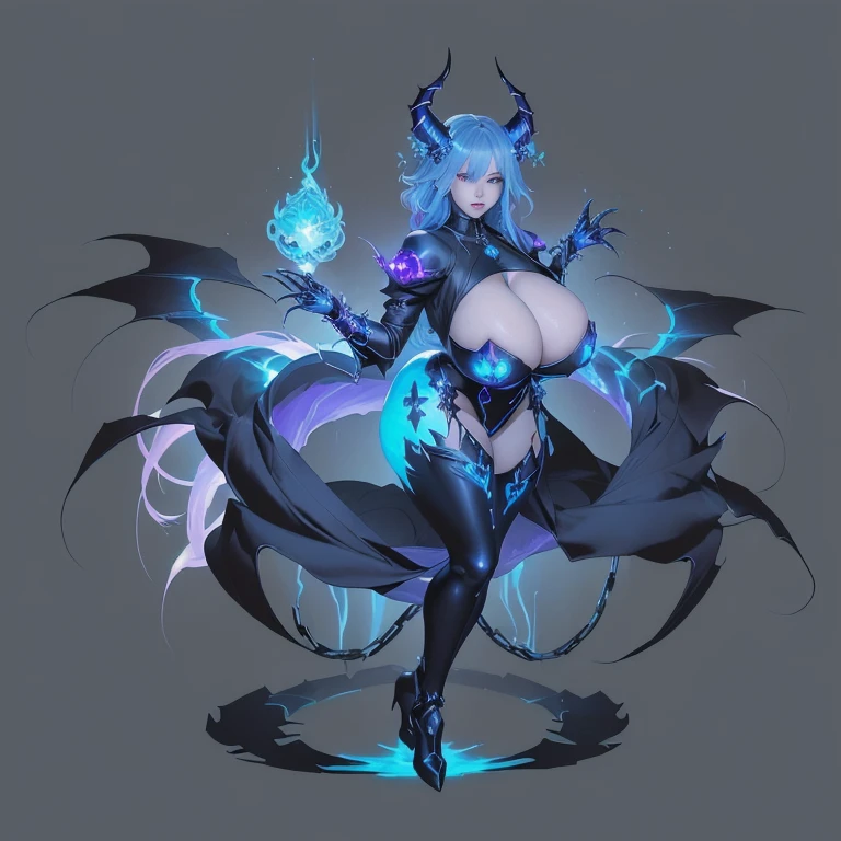 Close up of cartoon character with blue flame, dark witch角色, dark witch fullbody pose, Mechanized devil child, Holy Necromancer Girl, dark witch full view, Dark Demon Dancer, Six-armed Dark Goddess, dark witch, Mysterious art style, Powerful busty witch,(((Full and soft breasts,)))(((Huge breasts))) (((Cleavage))) (Perfect curvy figure),