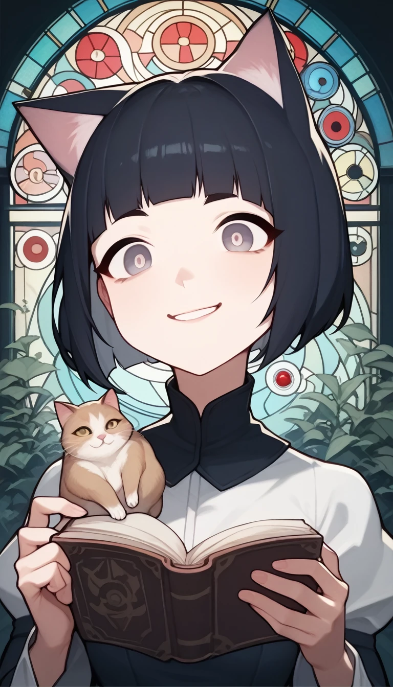 score_9, score_8_up, score_7_up, score_6_up, score_5_up, score_4_up, source_anime, beautiful and cute woman, innkeeper, playing with cats, long face, silvery bob cut, blunt bangs, droopy eyes, smirk, pink cheeks, in a dim forest, faint moonlight, inn entrance with stained glass, simple and simple, slightly scary picture book illustration style