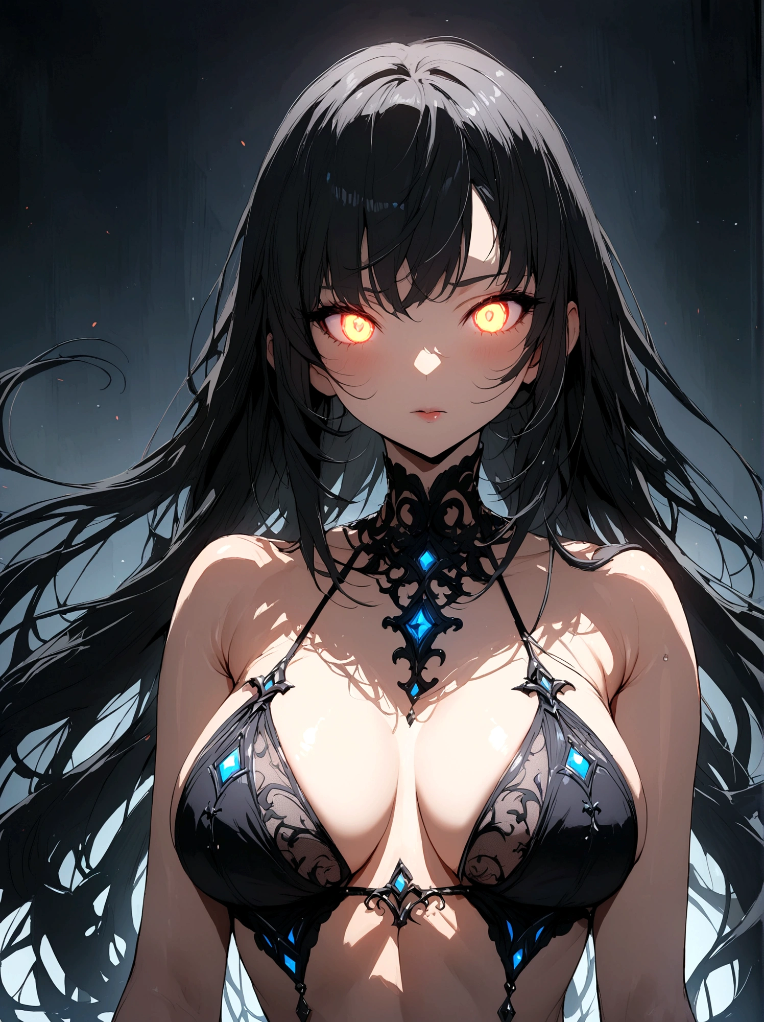 Beautiful black-haired anime girl in an exquisite bikini, Charming curves, Glowing eyes