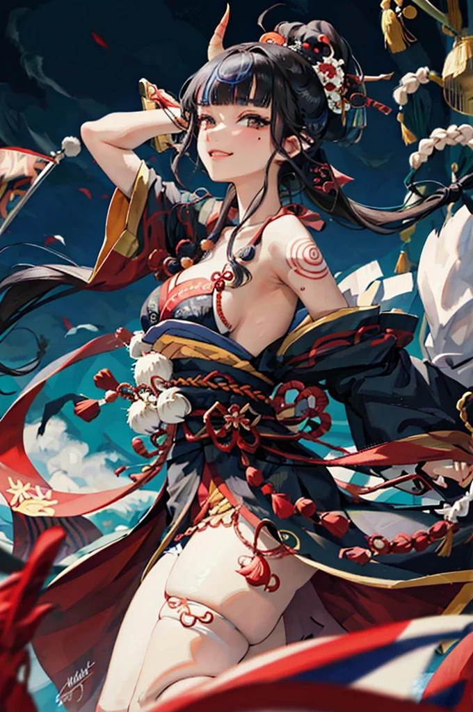Black Hair, bangs, curtained hair, crossed bangs, Long Hair, Messy Hair, ponytail, とてもLong Hair, Black Hair, bangs, curtained hair, crossed bangs, Long Hair, Messy Hair, ponytail, とてもLong Hair, Big Hair, Side hair bun, Hair Ears, Tying up hair, Hair flap, widow peak, headgear, Hair Ribbon, Hairpin, Hair Pod, 白いHair Ribbon, Mole under the eye, Raise your eyebrows, eyeball, Wicked Smile, crazy, shy, Frowning, Juru, dark (Performance), Captivating smile, アニメ Big Breasts, Minimalism, Anime Style, アニメ Big Breasts, Minimalism, Anime Style, viewing angle, From above, Hyper HD, retina, masterpiece, Accurate, Textured skin, Super detailed, high quality, Attention to detail, Awards, 最high quality, High resolution, 16K, Hyper HD, retina, masterpiece, Accurate, Textured skin, Super detailed, high quality, Attention to detail, Awards, 最high quality, High resolution, 16K((Grab your sword))((Undressing kimono))Big Breasts、Old Townscape、(((Rising Sun Flag)))((Hair tied up))((Big smile))A small horn growing straight out from the forehead、((shuten doji))((Big Breasts))Chest spills out of clothes、Nipples、Full body Japanese style tattoos((Big Ass))garter belt、Courtesan procession