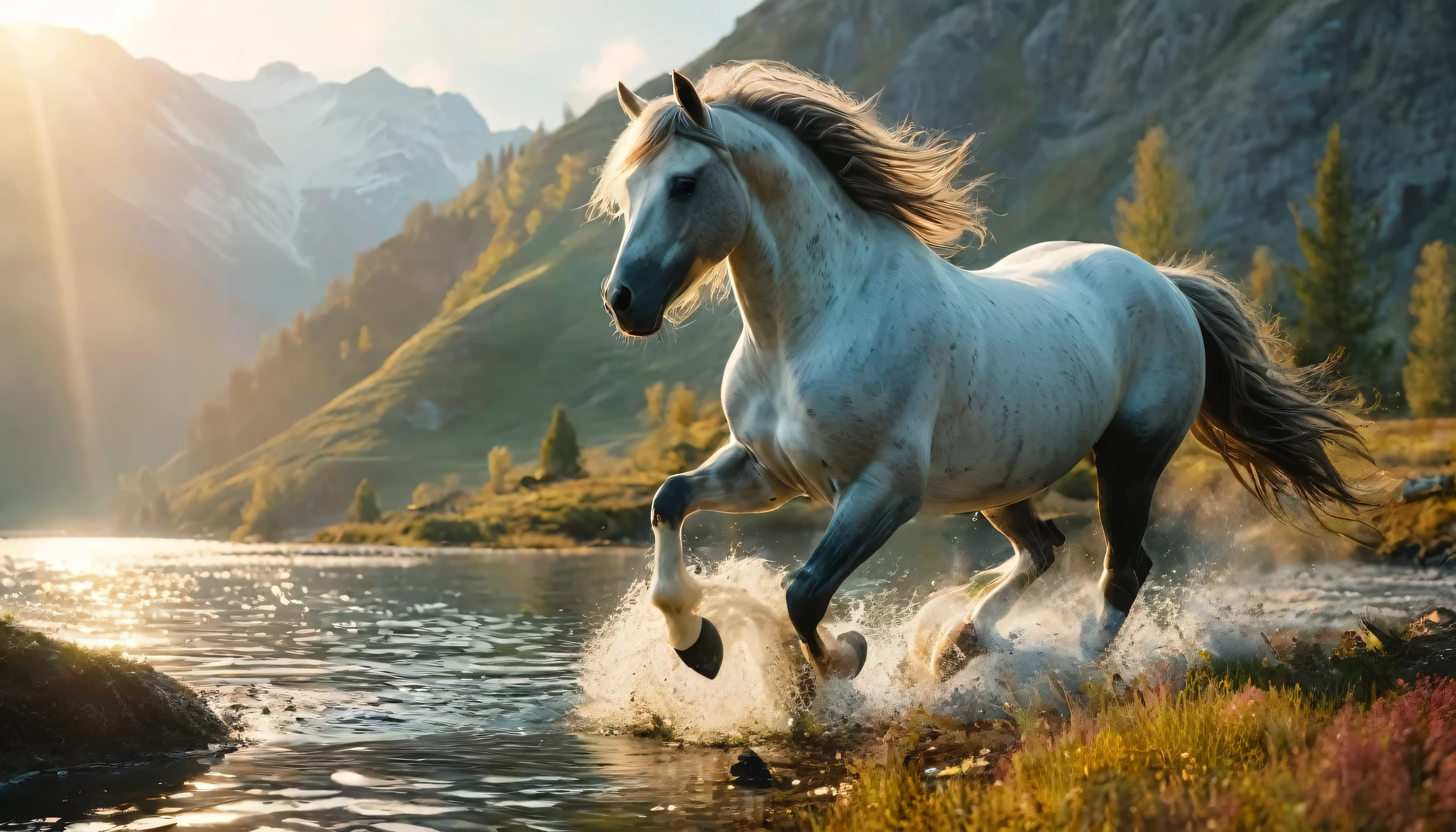 On the endless steppe,((Green steppe))((There is a sleek, muscular, sturdy, Percheron horse -Teke horse with glossy, textured fur stands bravely and confidently)), ((Its strong, graceful hooves sink slightly into the soft earth with each confident step)),(Vision)),Realism,photography, ((The natural colors of native mountainous region blend with the horizon)), lot of details,8K,high quality, ((Realistic))