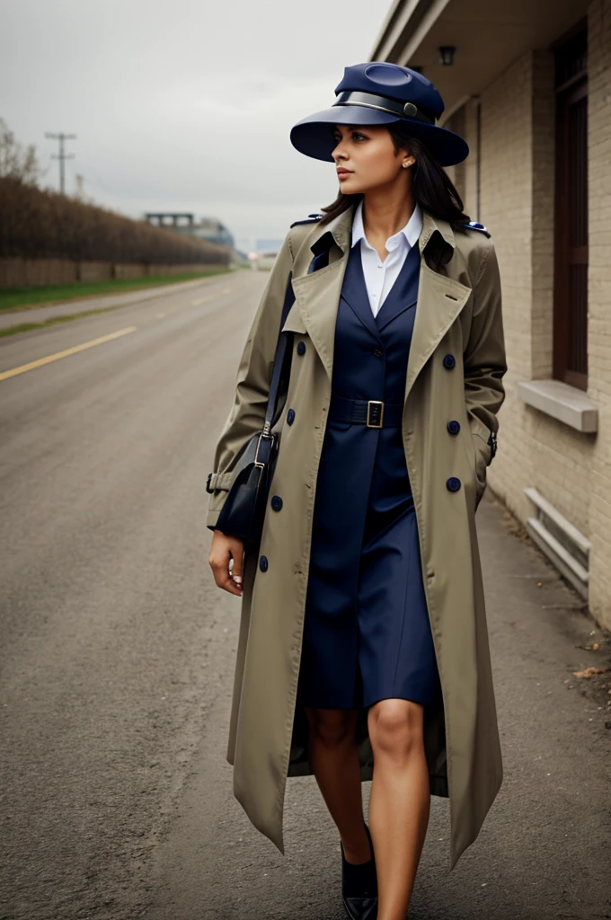 Policewoman with cap in trench coat