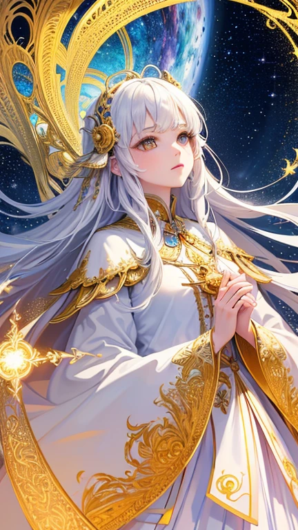 (masterpiece, Highest quality, Highest quality, Official Art, beautifully、aesthetic:1.2), (One girl), Very detailed, (Fractal Art:1.3), colorful, Most detailed, Perfect Face, Upper Body, High resolution, (pray:1.3), (White cloak Golden Line:1.2), Milky Way, (Streaks of Light), Impressive visuals, (Dynamic stripes, Light trail:1.2), Vibrant colors,