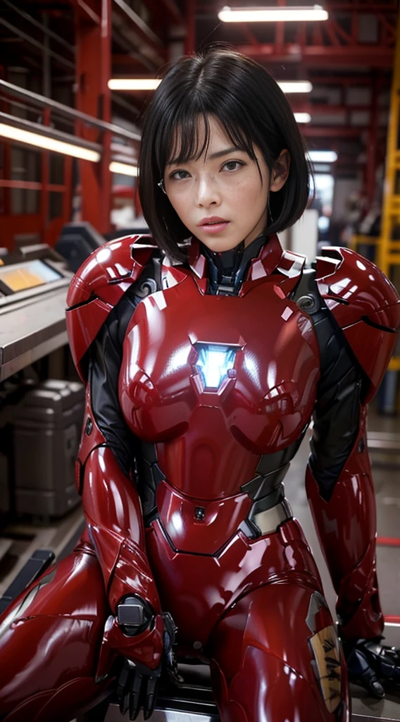 Female Iron Man(Red and Black)、Gloss、Shortcuts、Rough skin, Very detailed, Advanced Details, high quality, 最high quality, High resolution, 1080P, hard disk, beautiful,(Gundam),beautifulサイボーグの女性,Mecha Cyborg Middle-aged Woman,Battle Mode,Woman with a mechanical body,、Expression of bitterness、Sweaty face、、Squint your eyes、、Humidity、Plump figure、Steam coming out of the head、Spread your legs、Embarrassed face、Open your mouth、Hold your face　Black-haired　Short Hair　Glasses　Japanese middle-aged women　bare hands　Sitting on a chair　During a break　Sweaty　Sensual look