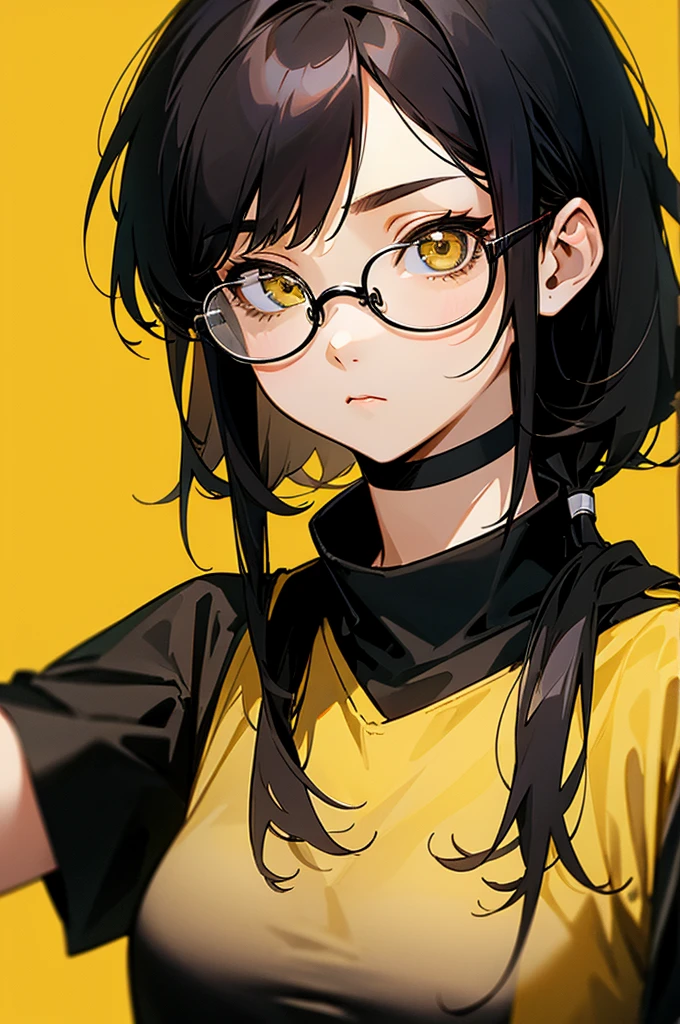 woman、Black-haired、Three-stranded、A calm face、Wear glasses、Black T-shirt、Black choker around the neck、Yellow background