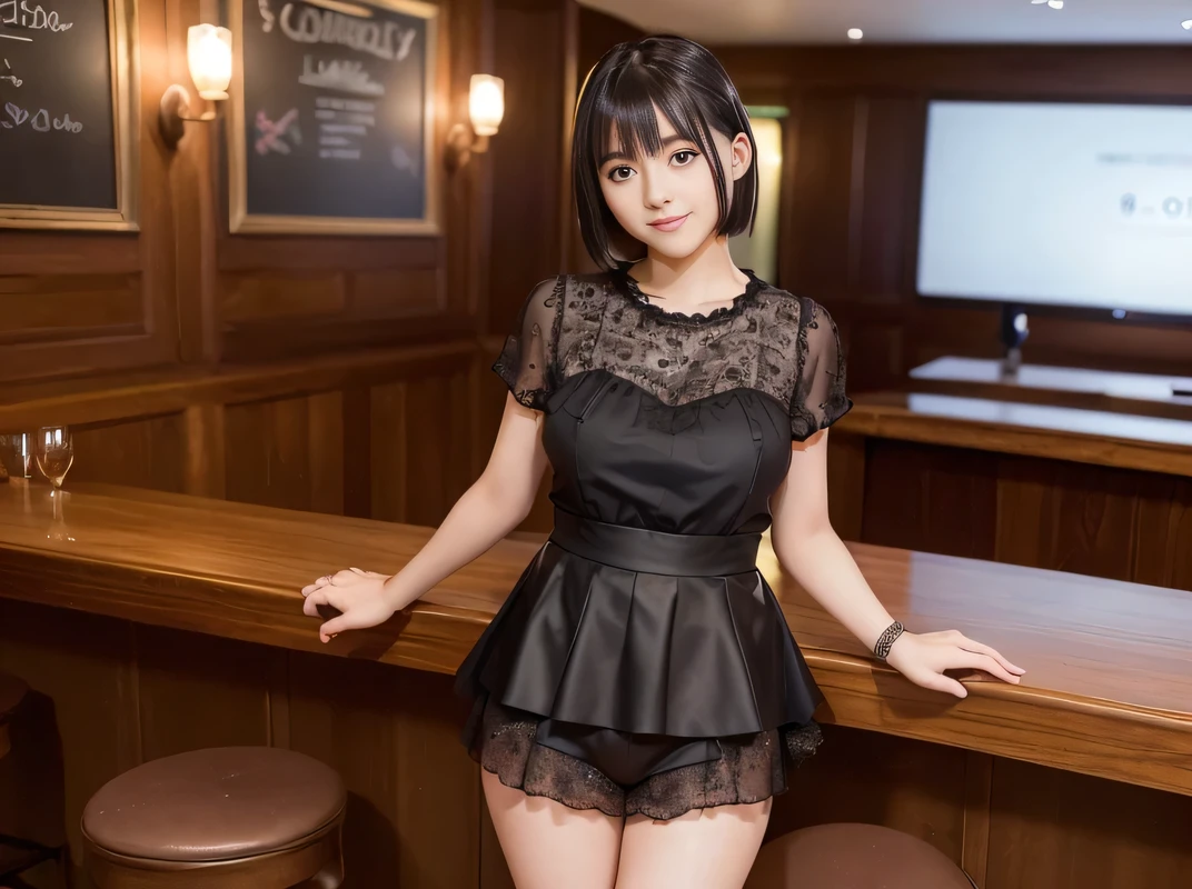 (Highest quality, masterpiece, Ultra-high resolution, 8K, RAW Photos, Realistic, Anatomically correct:1.5), 20-year-old girl:1.2, Embarrassing, avert your eyes, blush:1.0, View Viewer, ((Bar Lounge)) 、Night view、 Light:1.2, Bokeh, Cinema Lighting:1.0, Depth of written boundary, sharp、 Cute face、Idol、Black short sleeve lace top、Black pleated skirt、Black clothing、”dwarf”、(Floral clothes)、(Full Body Shot)、Side angle、Cowboy Shot、 smile、(Ultra short hair)、(Short bob cut)、(Straight bangs)、((See-through))、(( One Girl))、Large Breasts、