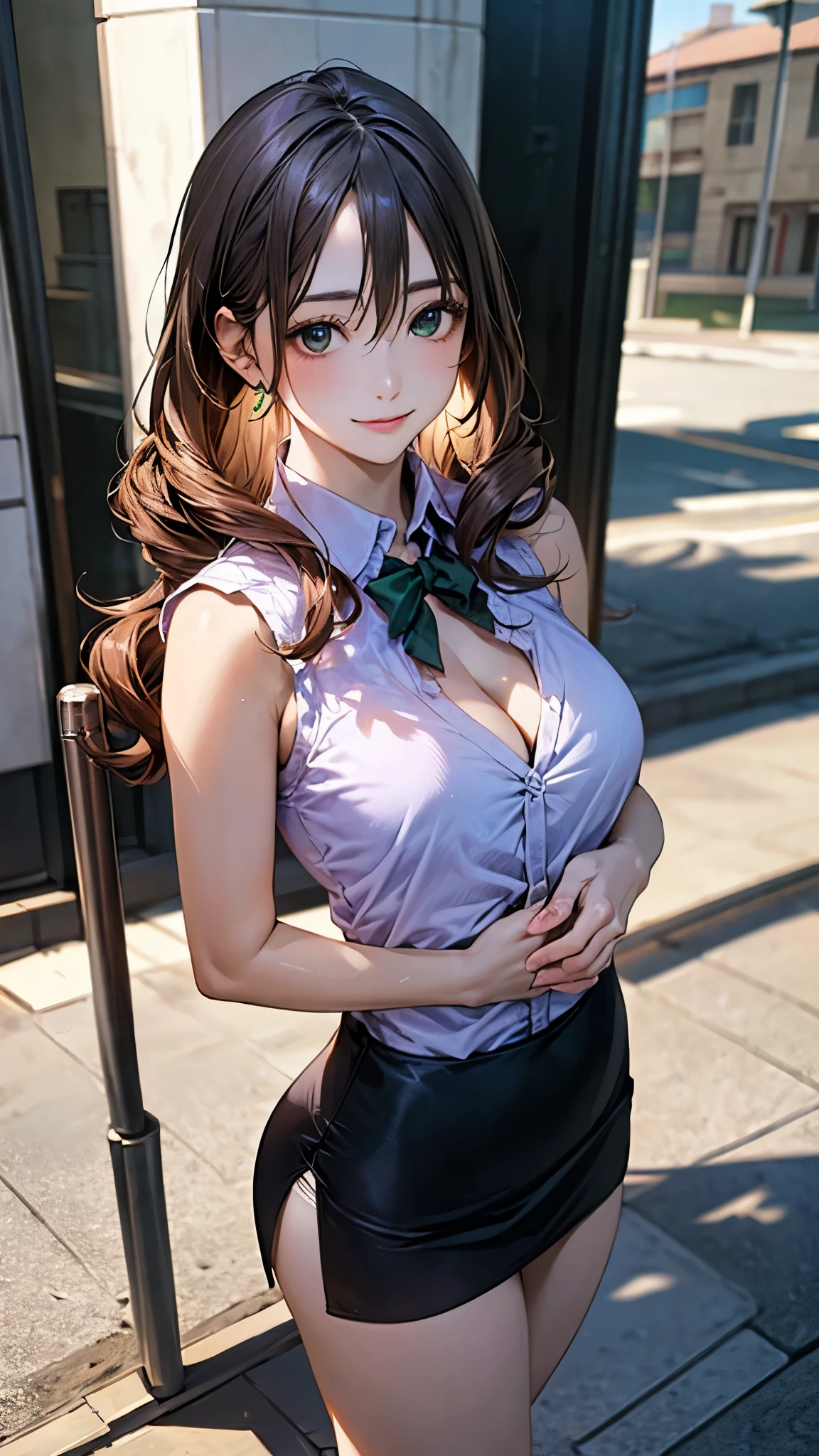 (masterpiece:1.2, Highest quality), (Realistic, photoRealistic:1.4), Beautiful illustrations, (Natural Side Lighting, Cinema Lighting),
View your viewers, Cowboy Shot, Front view:0.6, 1 Girl, Japanese, high school girl, Perfect Face, Cute and symmetrical face, Shiny skin,
(Long Hair:1.8, Drill Hair:1.7, Dark brown hair), Hair between the eyes, Emerald green eyes, Long eyelashes, (Large Breasts:0.9, Thick thighs),
Beautiful Hair, Beautiful Face, Beautiful attention to detail, Beautiful clavicle, Beautiful body, Beautiful breasts, Beautiful thighs, Beautiful feet, Beautiful fingers,
((Light purple sleeveless collared shirt, Cleavage, Black tight mini skirt, High heels)), Pink Panties,
(Beautiful views), evening, Riverside, walking, Place your hand on your chest, (Cute smile, Upward glance),
