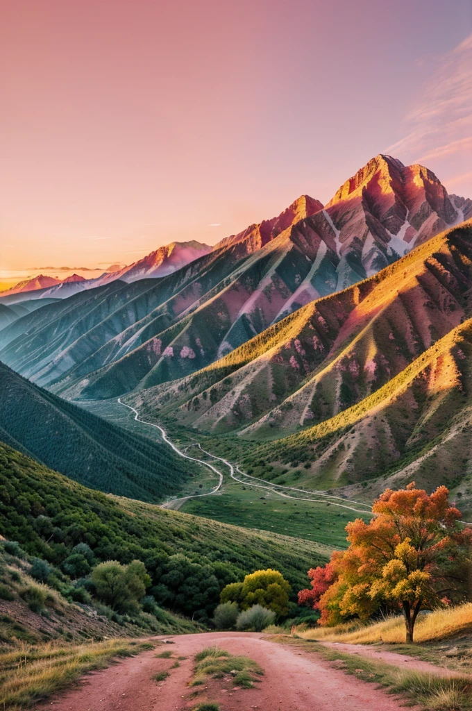 pink sky the color of clouds is red sun is blue green grass on the ground the color of mountains is yellow and a tree its leaves are white