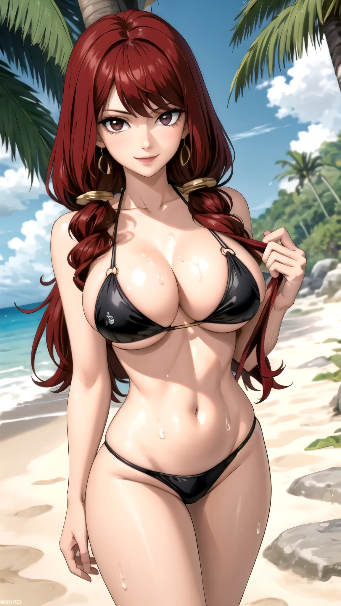 woman 30 years old crimson red hair, pechos grandes, ojos rojos. sonrisa maliciosa, bikini rojo, background a tropical beach sunny day. largo. gotas de agua en su cuerpo completo.