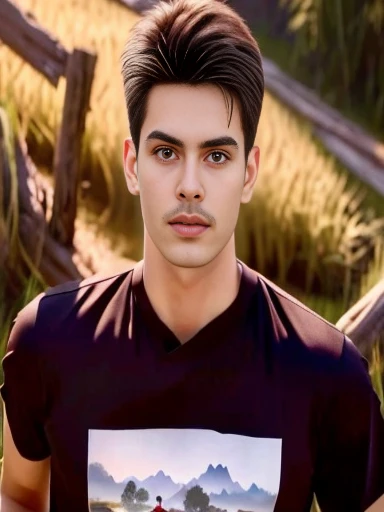 An Araf man stands on the beach with the sunset in the background., portait photo Profile pictureture, Profile picture, Wide facial cleanser, cute young man, headshot Profile pictureture, handsome man, Handsome and charming, Very charming and beautiful, Close-up of a Southeast Asian man with a round face., black eyes, staring at the viewer, morning sun, ((face details)), Double eyelids, realistic, Masterpiece, Highest quality, lens flare, shade, [[Chromatic aberration, digital painting, 8K, 45,000,000,000 pixels,, t-shirt, short hair, black eyes,abdominal muscles, The body is beautiful and strong., Curvy chest, (digital painting, HDR, high contrast
