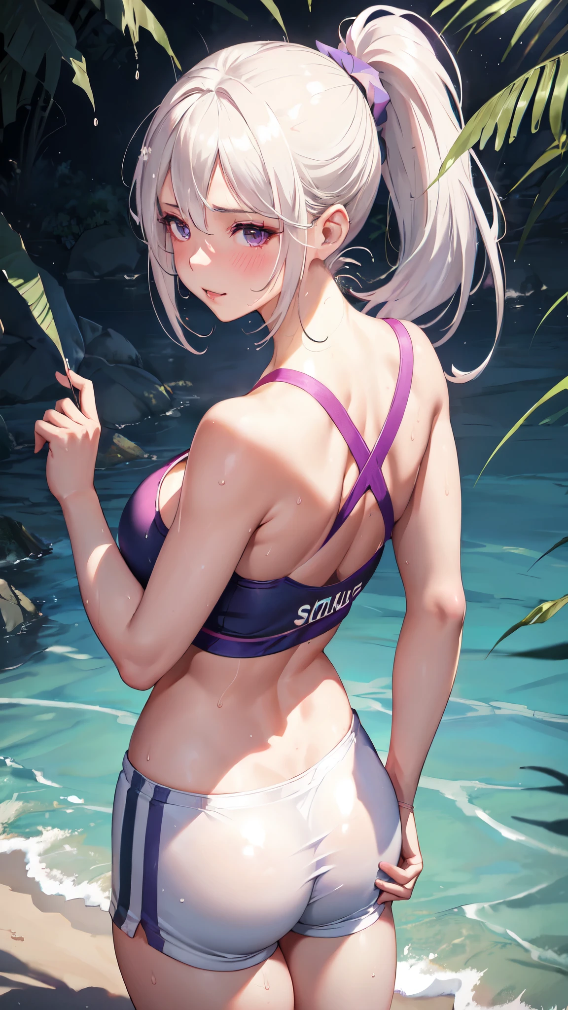 realistic, 1girl, ponytail, parted lips, blush, makeup, light smile, white hair, sportswear, hot pants, wet clothes, glow, thighs, purple eye, bare shoulders, collarbone, narrow waist, sunbeam, sunlight, rose, wind, cleavage, (masterpiece), sweat, look at the camera, ((back)), ((ass)), ((low angle))